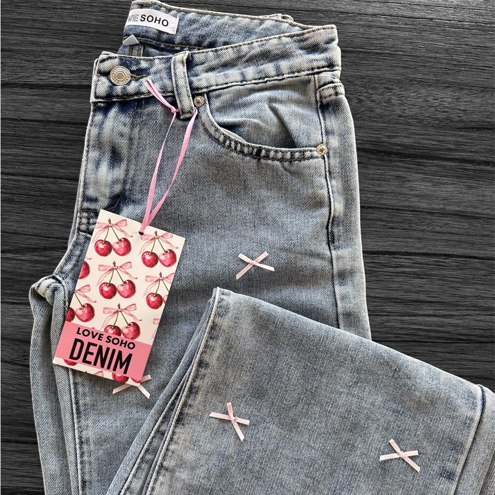 Light Blue Straight Leg Jeans with Pink Accents